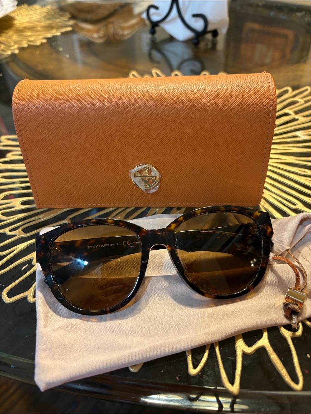 Tory Burch Tortoiseshell Sunglasses with Orange Logo Case